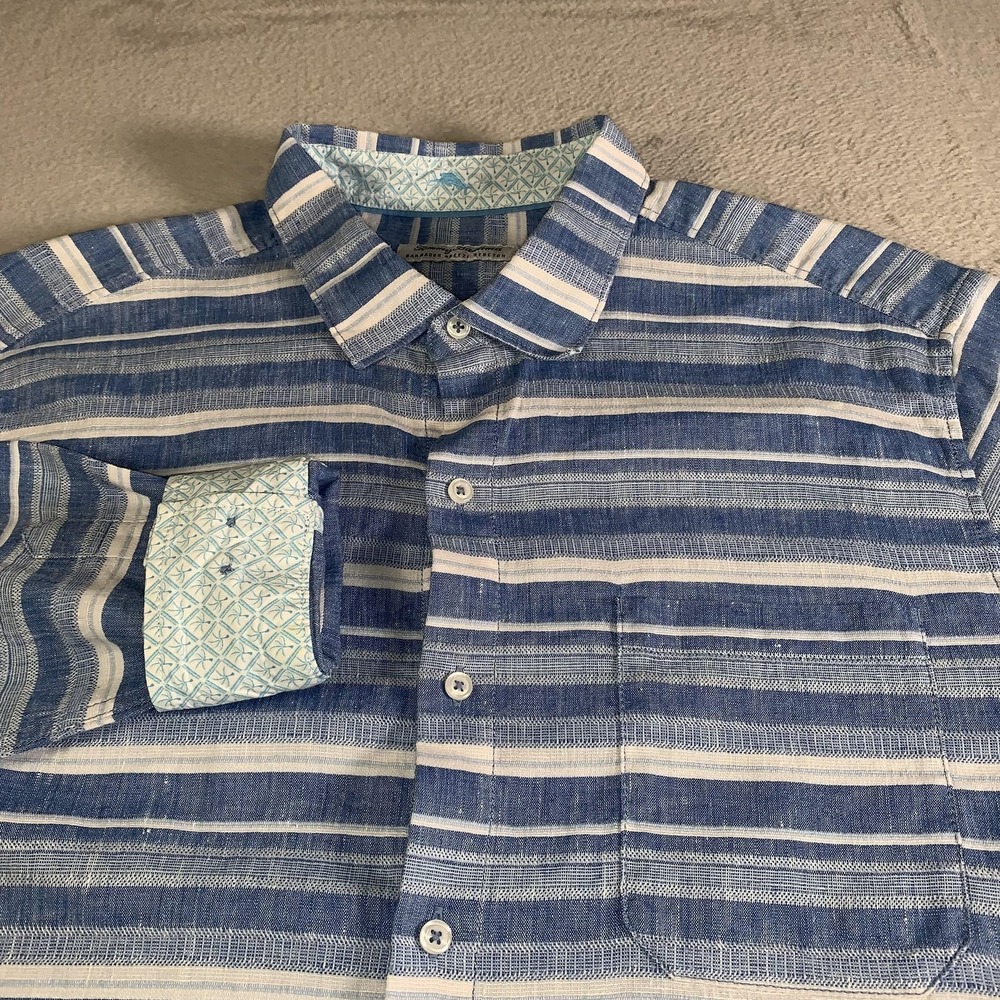 Tommy Bahama Barbados Breeze Shirt Mens XL Blue Stripe Long Sleeve Linen Lycra
